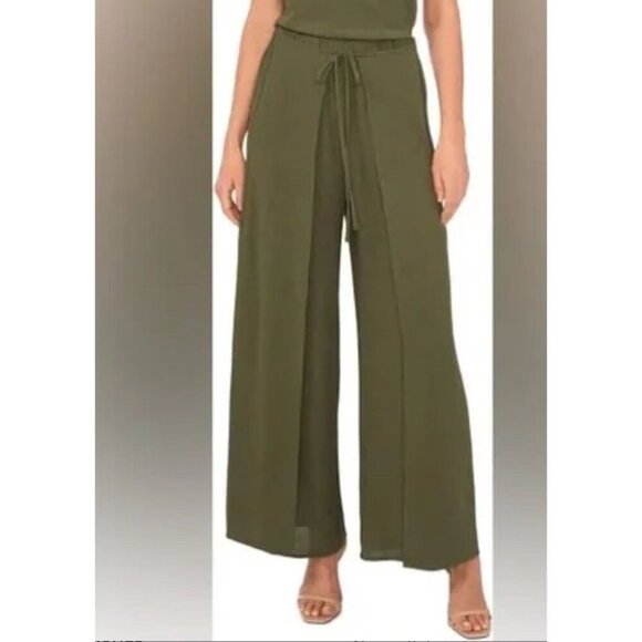 CeCe Size 3X Light Olive Women's Overlap Tie Front Wide Leg Soft Pants. New - Picture 2 of 6